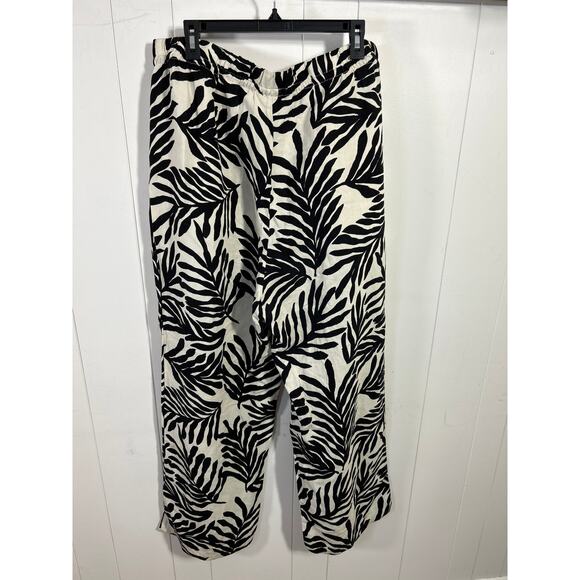 H&M LINEN-BLEND BOTANICAL PULL-ON PANTS IN BLACK AND WHITE. SIZE XL NWT - Picture 3 of 6